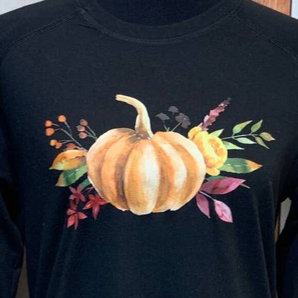 Hand Printed Small Upcycled Pumpkin Autumn Fall Flower Long Sleeve Tee T-Shirt - Picture 2 of 3